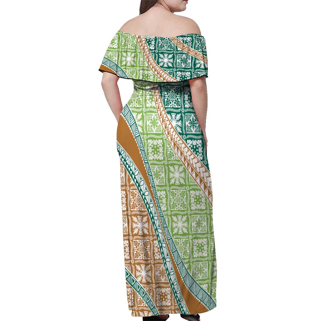 Hawaiian Quilt Pattern Off Shoulder Maxi Dress Green Chestnut Color Mixed - Polynesian Pride