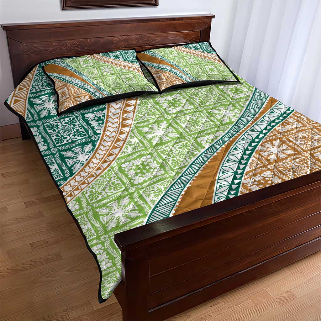 Hawaiian Quilt Pattern Quilt Bed Set Green Chestnut Color Mixed - Polynesian Pride