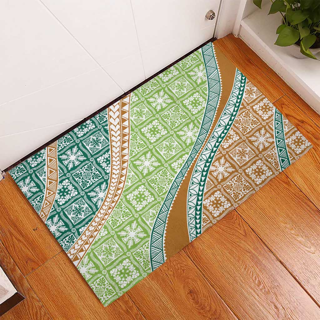 Hawaiian Quilt Pattern Rubber Doormat Green Chestnut Color Mixed - Polynesian Pride