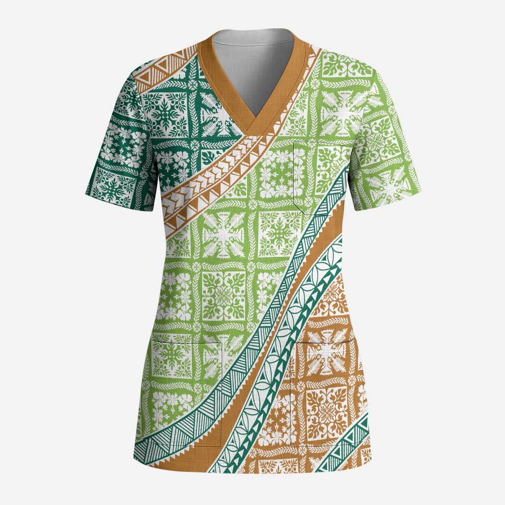 Hawaiian Quilt Pattern Scrub Top Green Chestnut Color Mixed LT01 Adult Green - Polynesian Pride