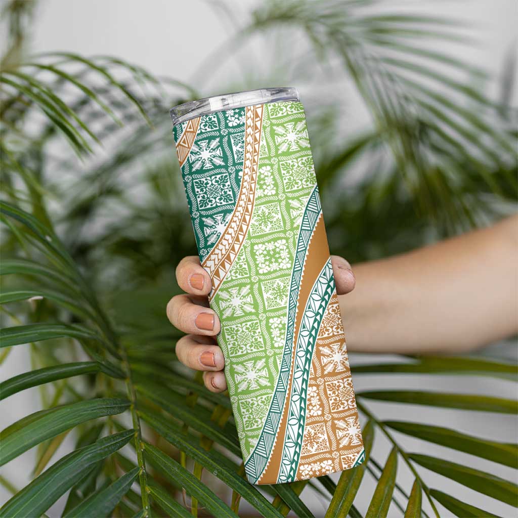 Hawaiian Quilt Pattern Skinny Tumbler Green Chestnut Color Mixed - Polynesian Pride