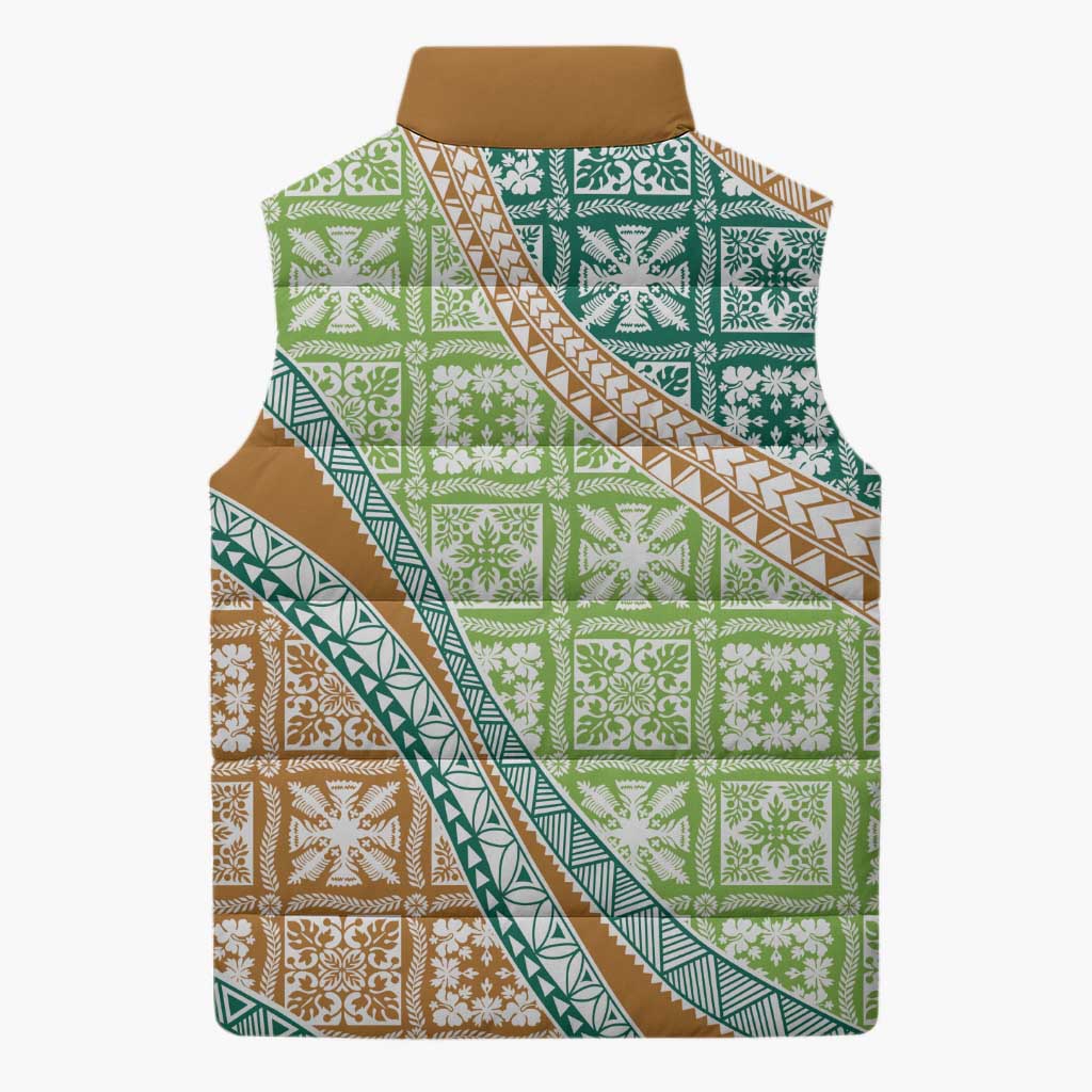 Hawaiian Quilt Pattern Sleeveless Puffer Jacket Green Chestnut Color Mixed - Polynesian Pride