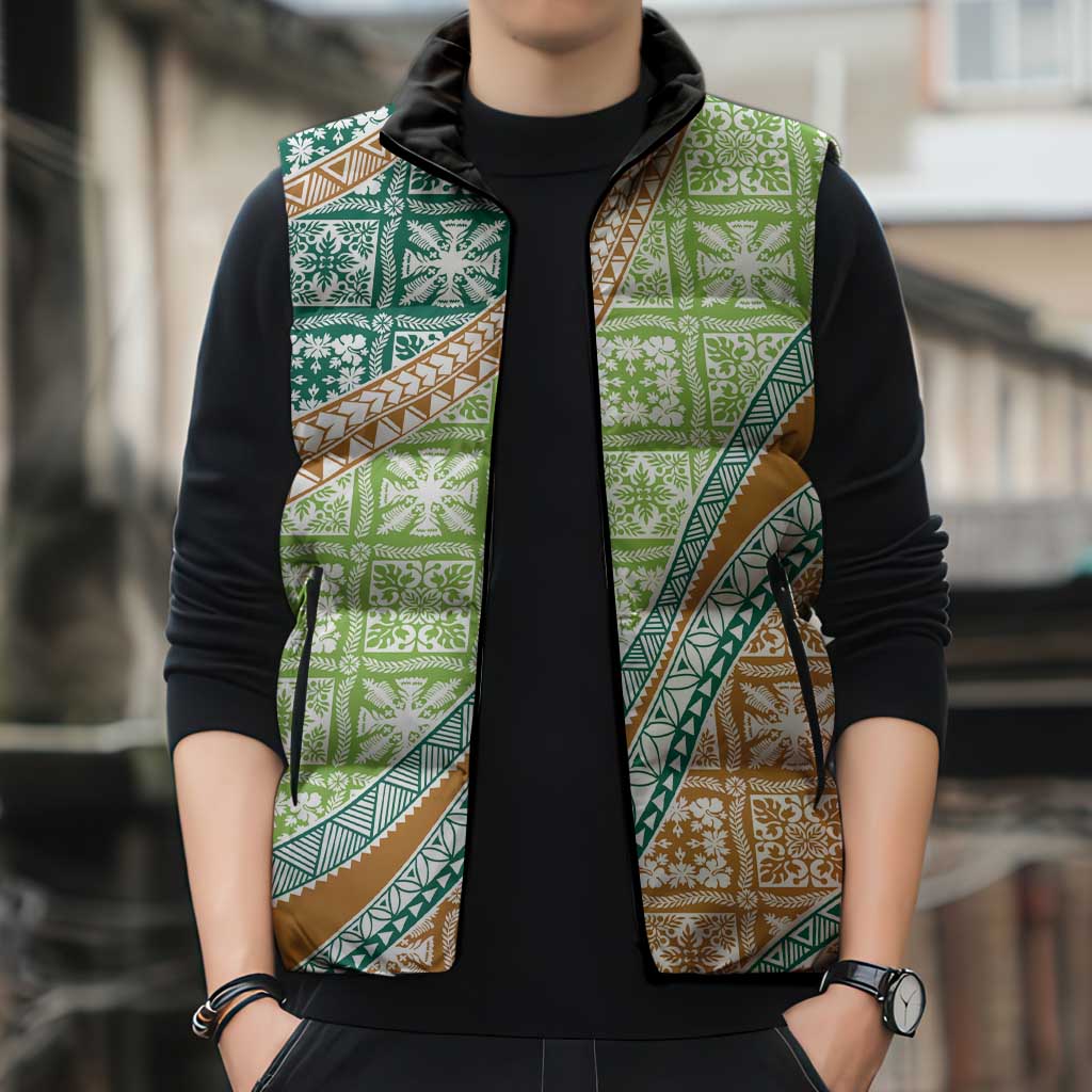 Hawaiian Quilt Pattern Sleeveless Puffer Jacket Green Chestnut Color Mixed - Polynesian Pride