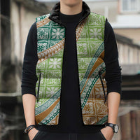 Hawaiian Quilt Pattern Sleeveless Puffer Jacket Green Chestnut Color Mixed - Polynesian Pride