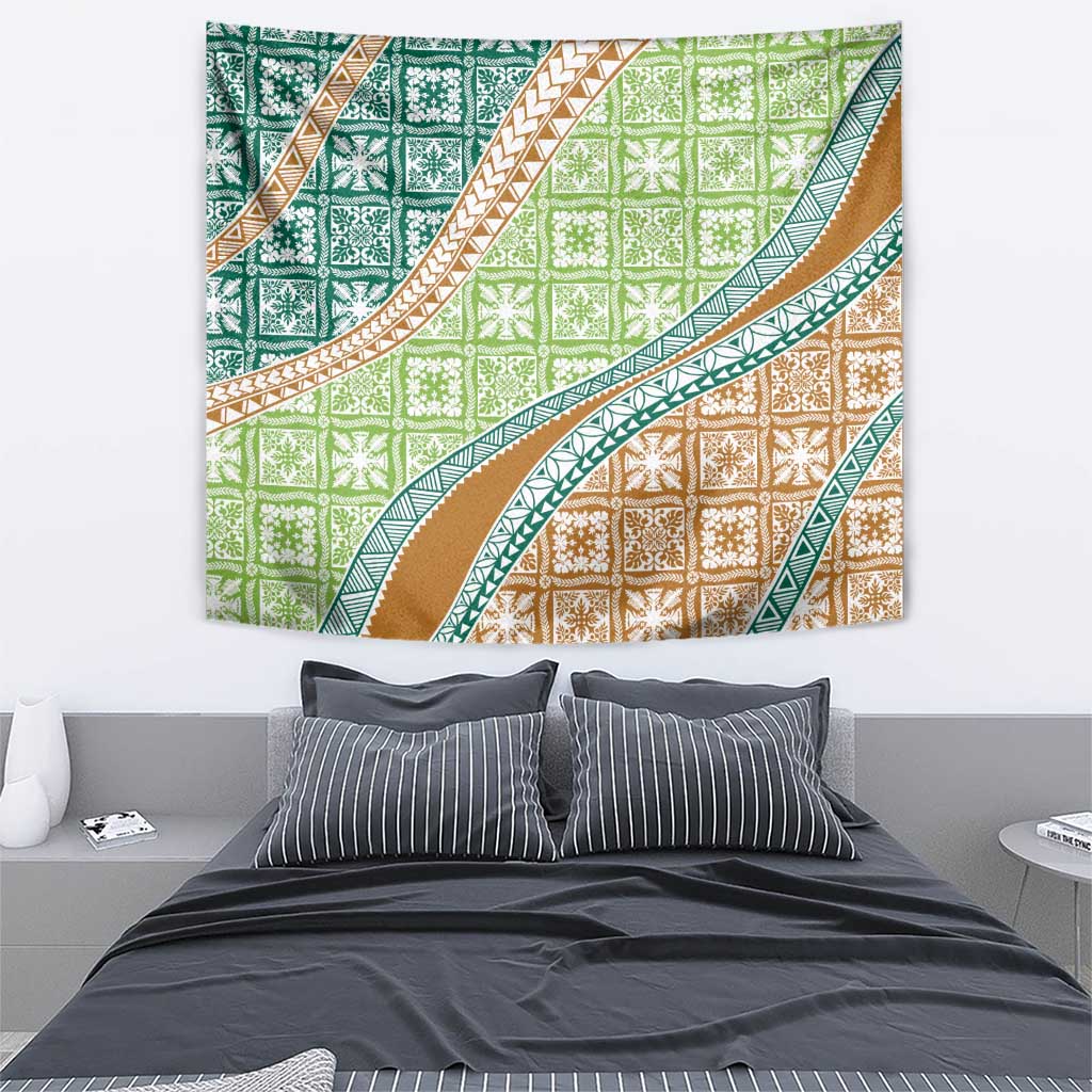 Hawaiian Quilt Pattern Tapestry Green Chestnut Color Mixed - Polynesian Pride