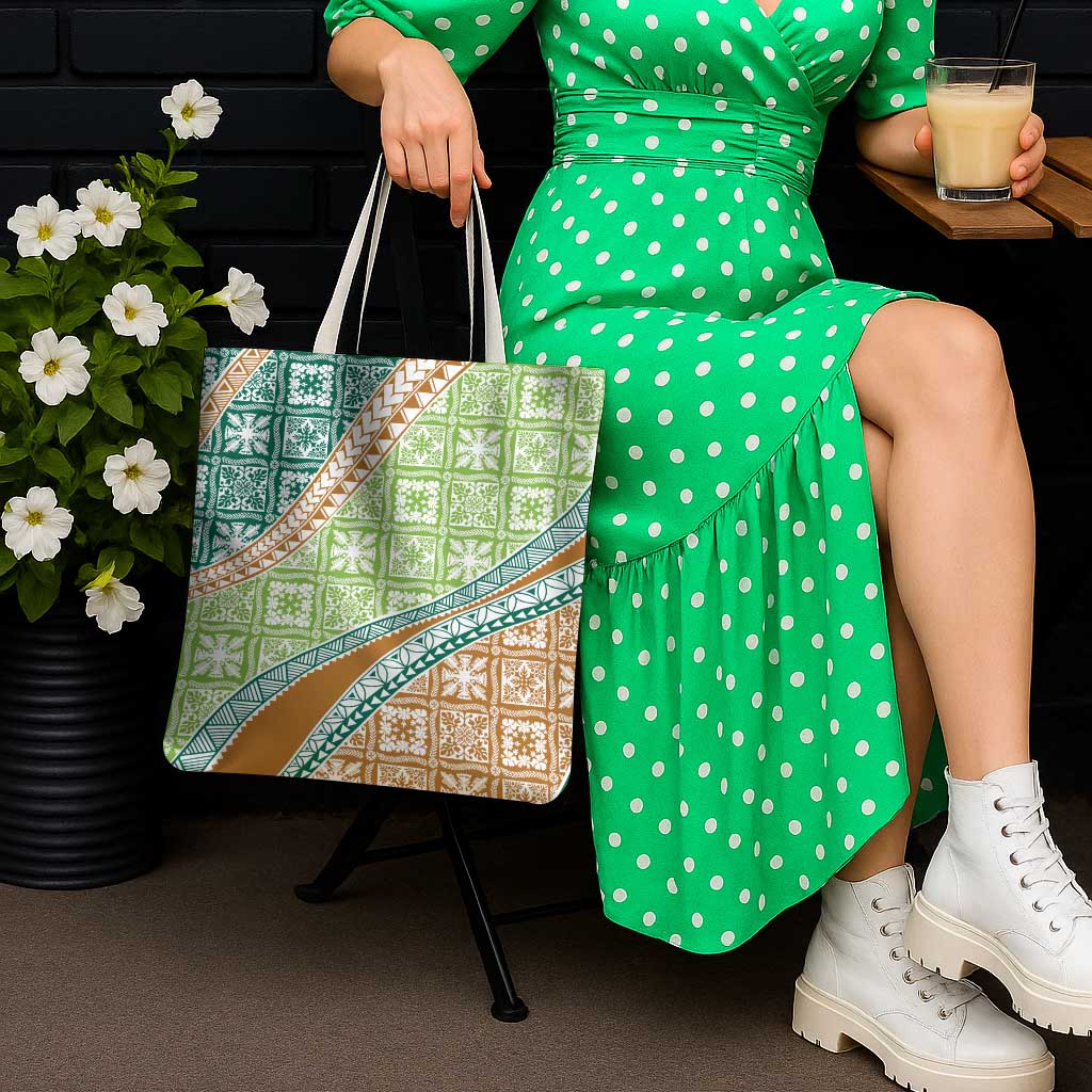 Hawaiian Quilt Pattern Tote Bag Green Chestnut Color Mixed - Polynesian Pride