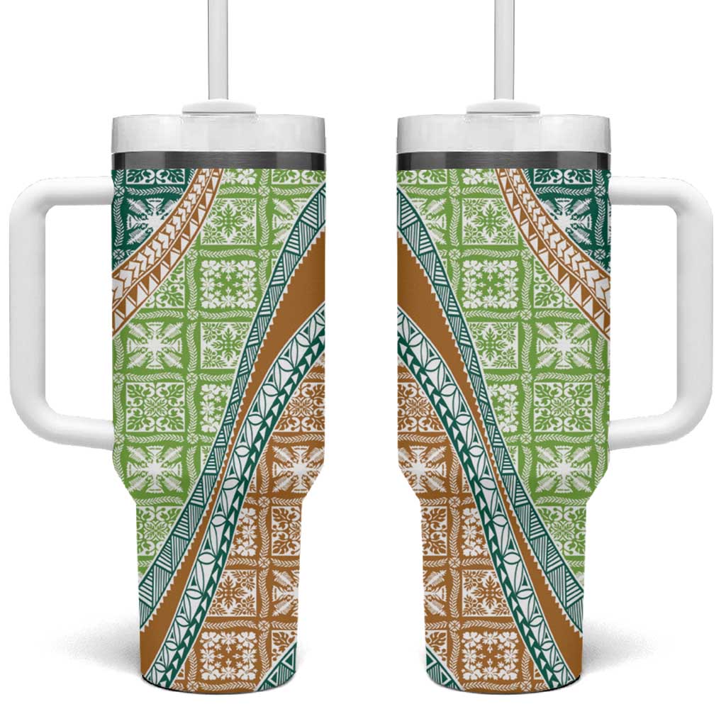 Hawaiian Quilt Pattern Tumbler With Handle Green Chestnut Color Mixed - Polynesian Pride
