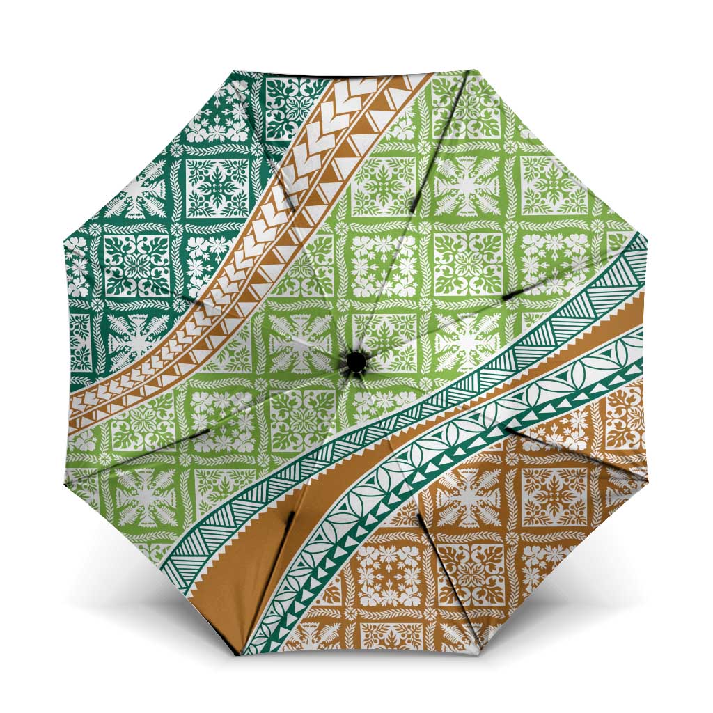 Hawaiian Quilt Pattern Umbrella Green Chestnut Color Mixed LT01 One Size Folded 11.42 inch Opened Diameter 37.4 inch Green - Polynesian Pride