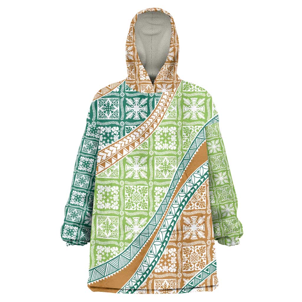 Hawaiian Quilt Pattern Wearable Blanket Hoodie Green Chestnut Color Mixed - Polynesian Pride