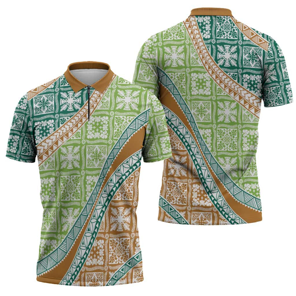 Hawaiian Quilt Pattern Zipper Polo Shirt Green Chestnut Color Mixed - Polynesian Pride
