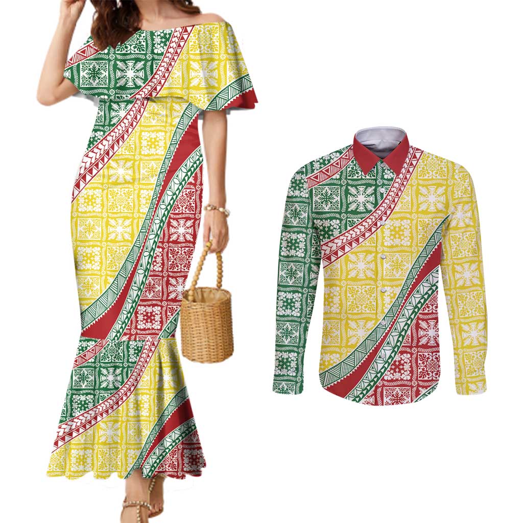 Hawaiian Quilt Pattern Couples Matching Mermaid Dress and Long Sleeve Button Shirt Special Color Mixed - Polynesian Pride