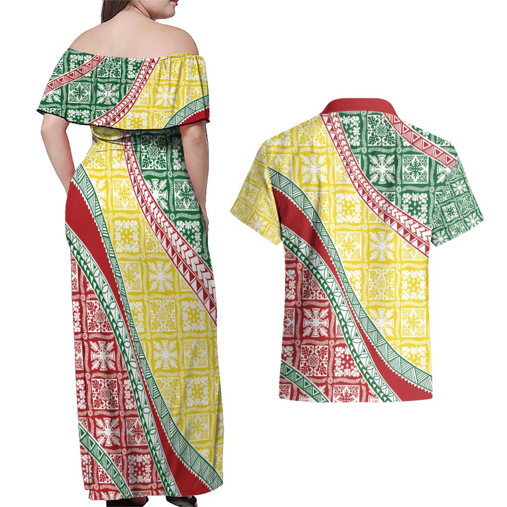 Hawaiian Quilt Pattern Couples Matching Off Shoulder Maxi Dress and Hawaiian Shirt Special Color Mixed - Polynesian Pride