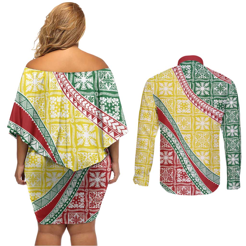 Hawaiian Quilt Pattern Couples Matching Off Shoulder Short Dress and Long Sleeve Button Shirt Special Color Mixed - Polynesian Pride