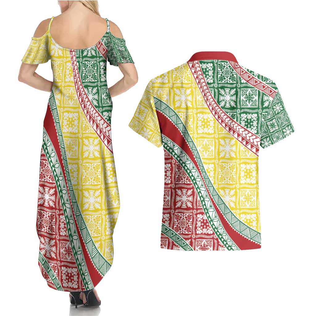 Hawaiian Quilt Pattern Couples Matching Summer Maxi Dress and Hawaiian Shirt Special Color Mixed - Polynesian Pride