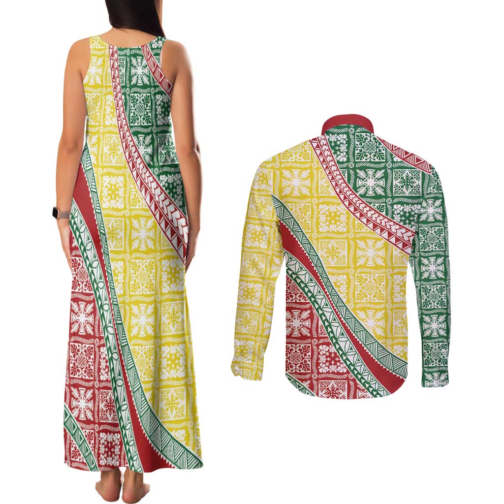 Hawaiian Quilt Pattern Couples Matching Tank Maxi Dress and Long Sleeve Button Shirt Special Color Mixed - Polynesian Pride
