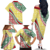 Hawaiian Quilt Pattern Family Matching Off The Shoulder Long Sleeve Dress and Hawaiian Shirt Special Color Mixed - Polynesian Pride