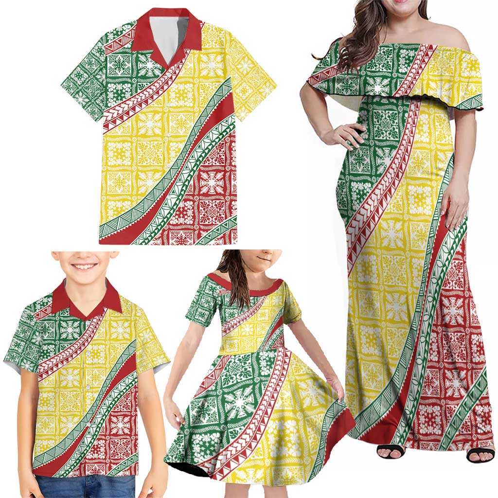 Hawaiian Quilt Pattern Family Matching Off Shoulder Maxi Dress and Hawaiian Shirt Special Color Mixed - Polynesian Pride