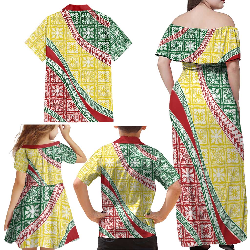 Hawaiian Quilt Pattern Family Matching Off Shoulder Maxi Dress and Hawaiian Shirt Special Color Mixed - Polynesian Pride