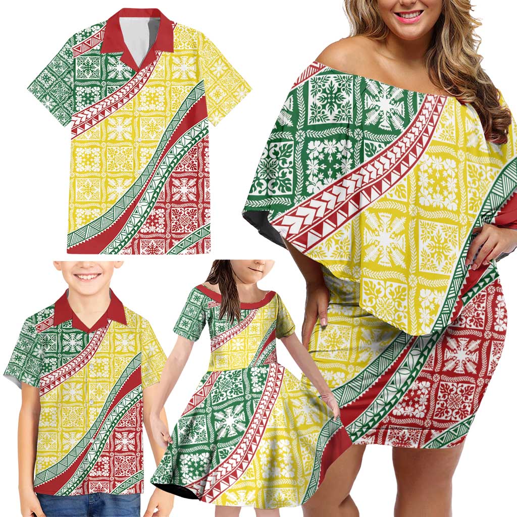 Hawaiian Quilt Pattern Family Matching Off Shoulder Short Dress and Hawaiian Shirt Special Color Mixed - Polynesian Pride