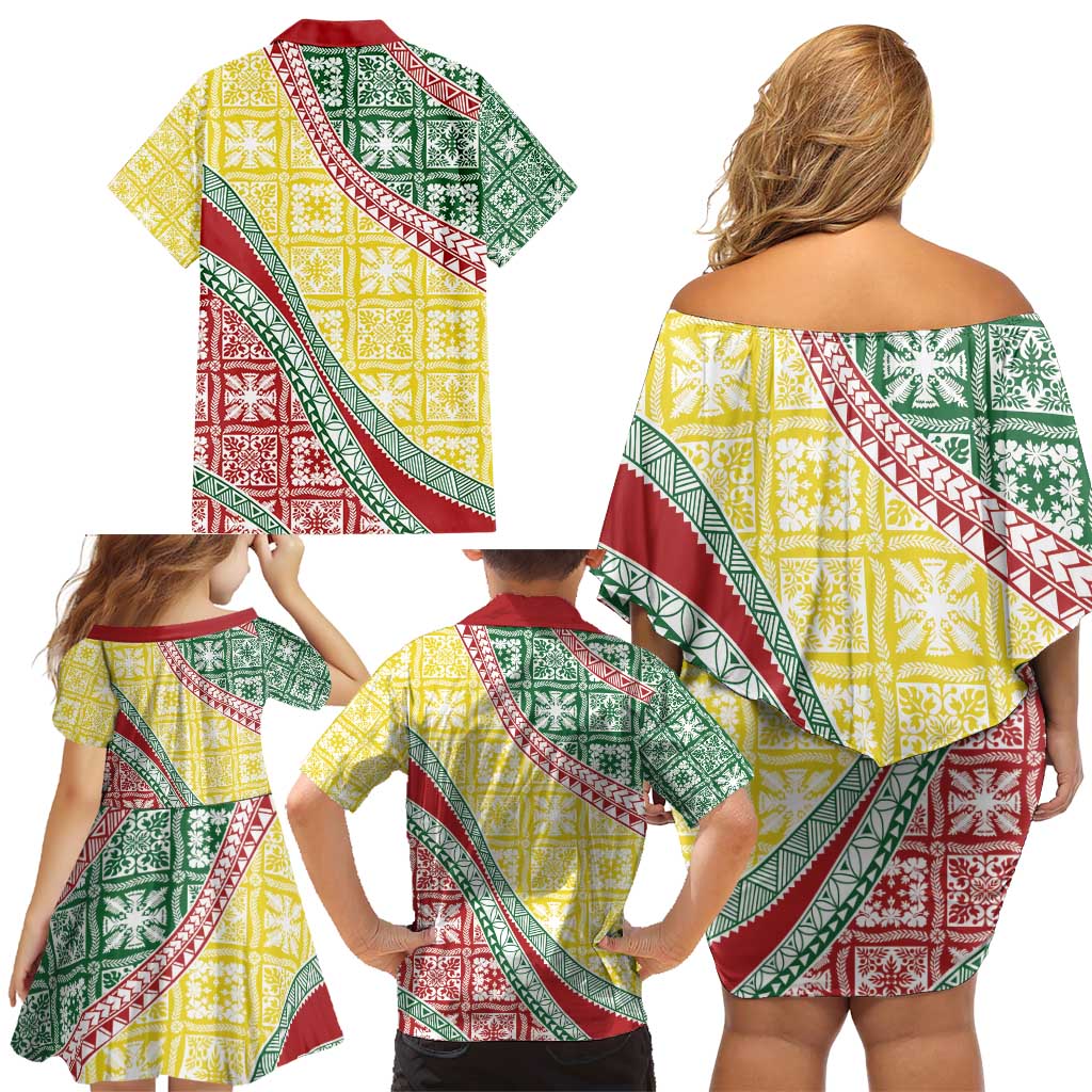 Hawaiian Quilt Pattern Family Matching Off Shoulder Short Dress and Hawaiian Shirt Special Color Mixed - Polynesian Pride
