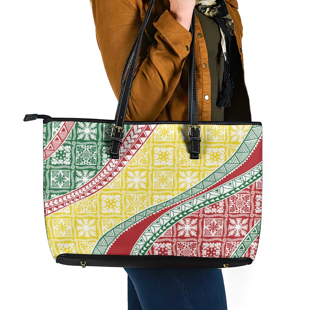 Hawaiian Quilt Pattern Leather Tote Bag Special Color Mixed - Polynesian Pride