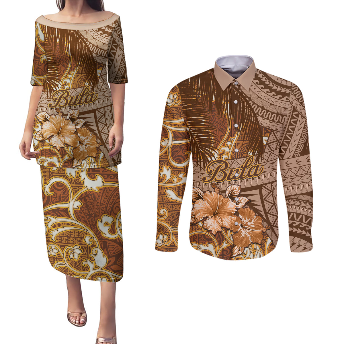 Personalised Fiji Masi Couples Matching Puletasi Dress and Long Sleeve Button Shirt Bula Fijian Masi Tapa Vintage Style LT01 Brown - Polynesian Pride