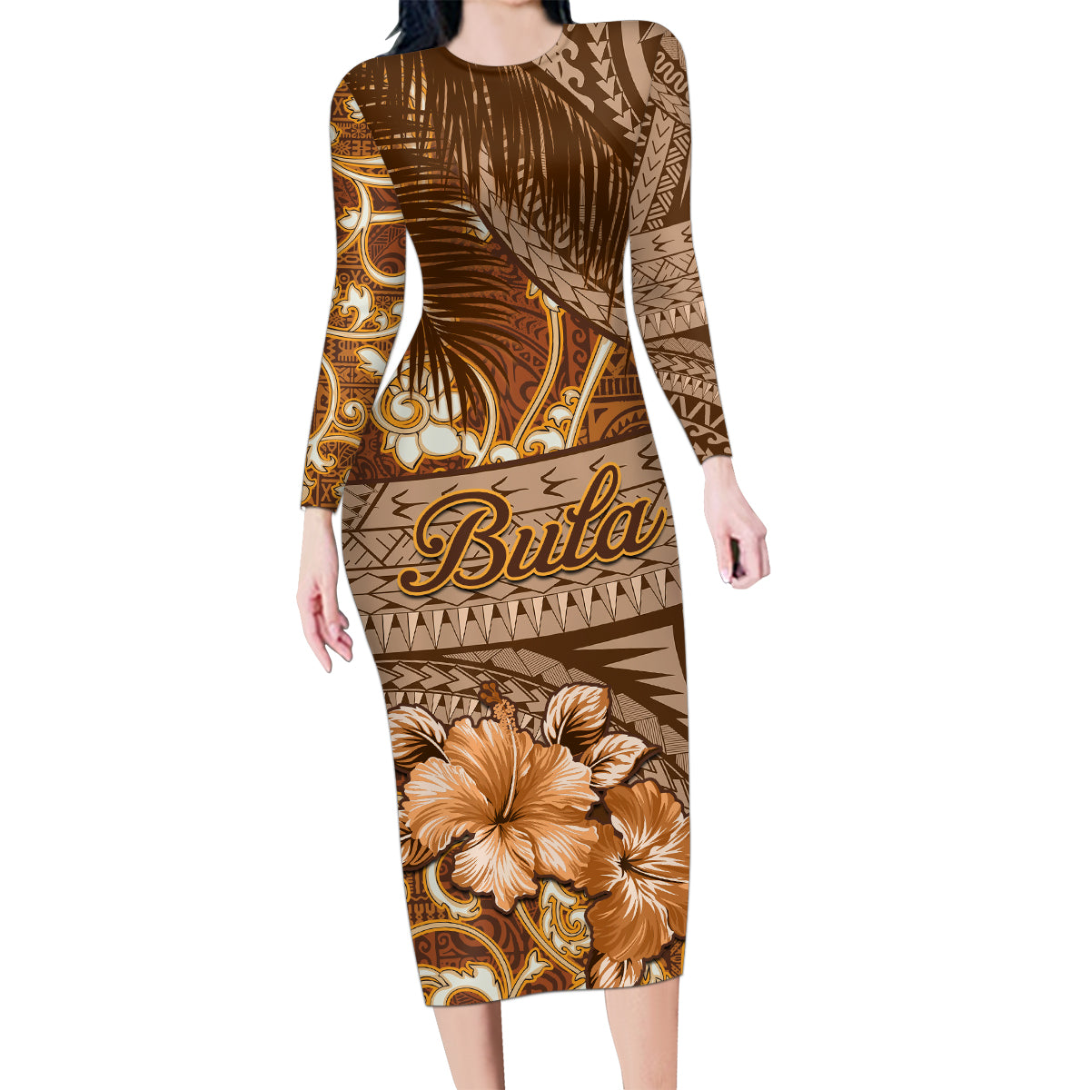Personalised Fiji Masi Family Matching Long Sleeve Bodycon Dress and Hawaiian Shirt Bula Fijian Masi Tapa Vintage Style LT01 Mom's Dress Brown - Polynesian Pride