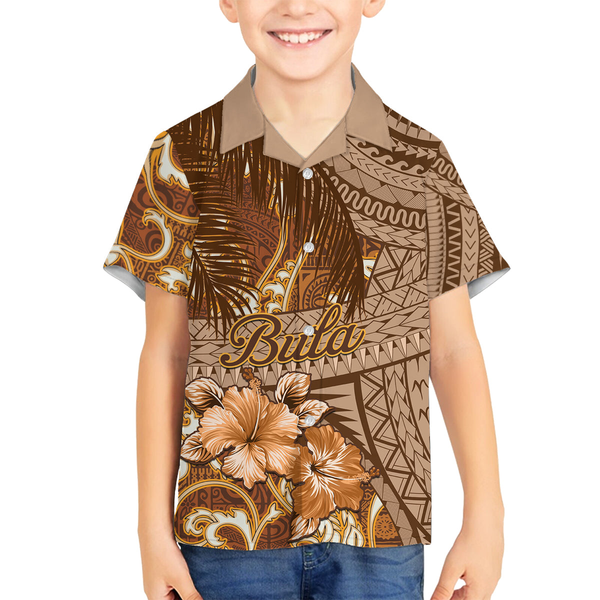 Personalised Fiji Masi Family Matching Off Shoulder Short Dress and Hawaiian Shirt Bula Fijian Masi Tapa Vintage Style LT01 Son's Shirt Brown - Polynesian Pride