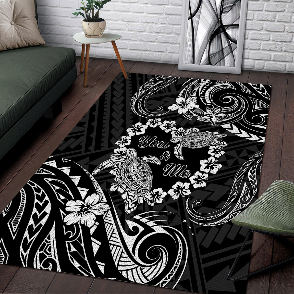 Polynesian Turtle Valentine Area Rug You And Me Hibiscus Heart LT01 Black - Polynesian Pride