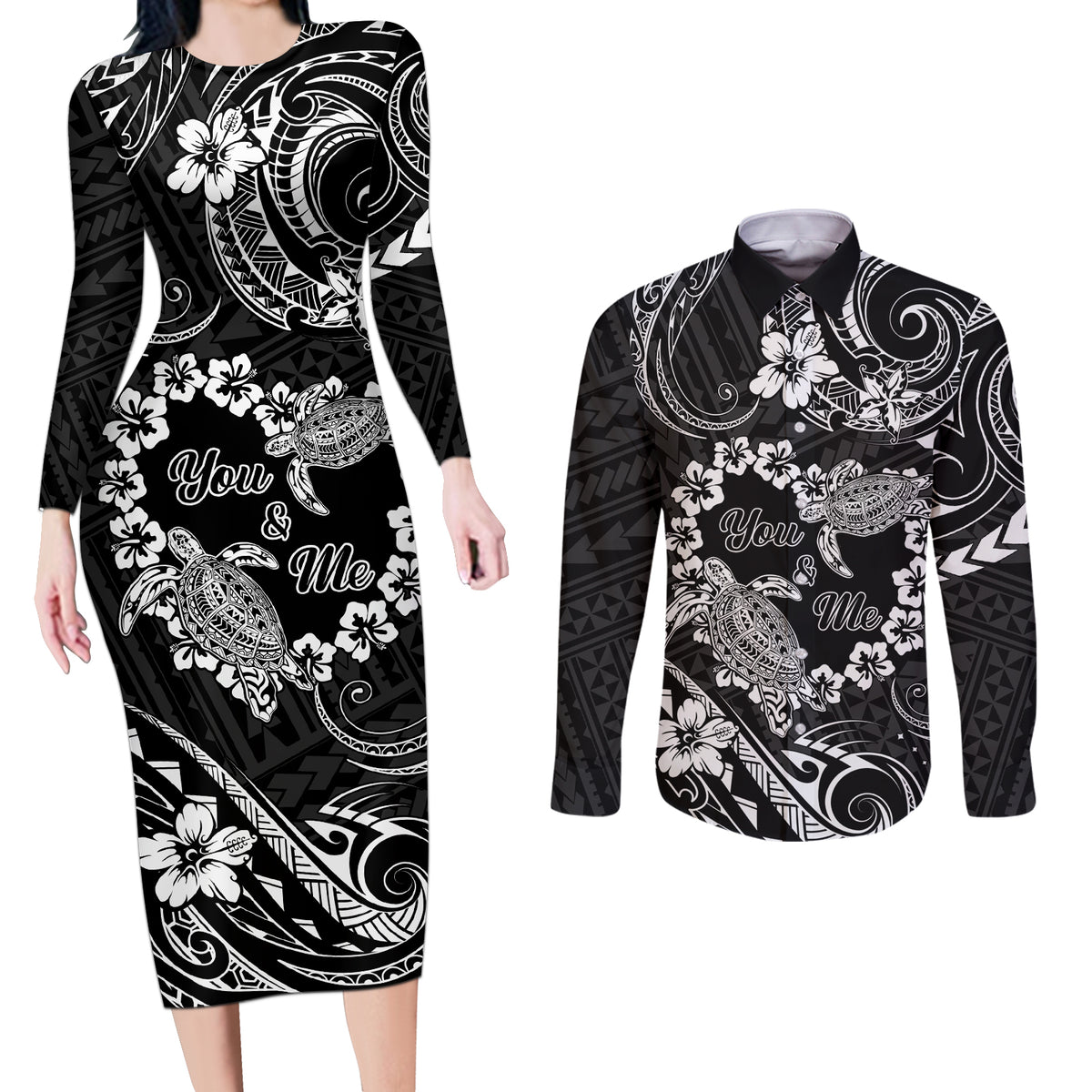 Polynesian Turtle Valentine Couples Matching Long Sleeve Bodycon Dress and Long Sleeve Button Shirt You And Me Hibiscus Heart LT01 Black - Polynesian Pride