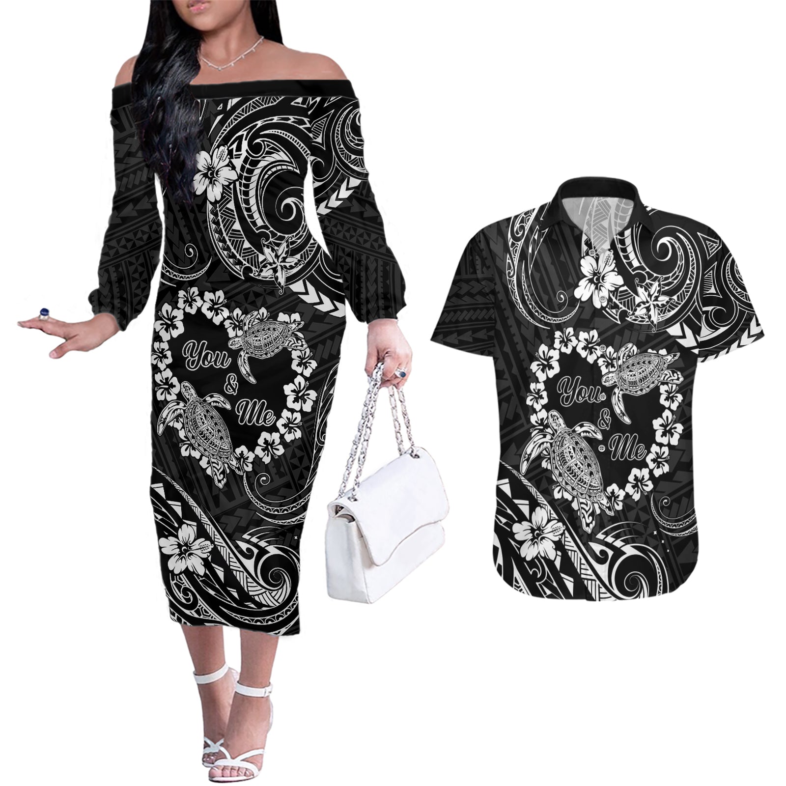 Polynesian Turtle Valentine Couples Matching Off The Shoulder Long Sleeve Dress and Hawaiian Shirt You And Me Hibiscus Heart LT01 Black - Polynesian Pride