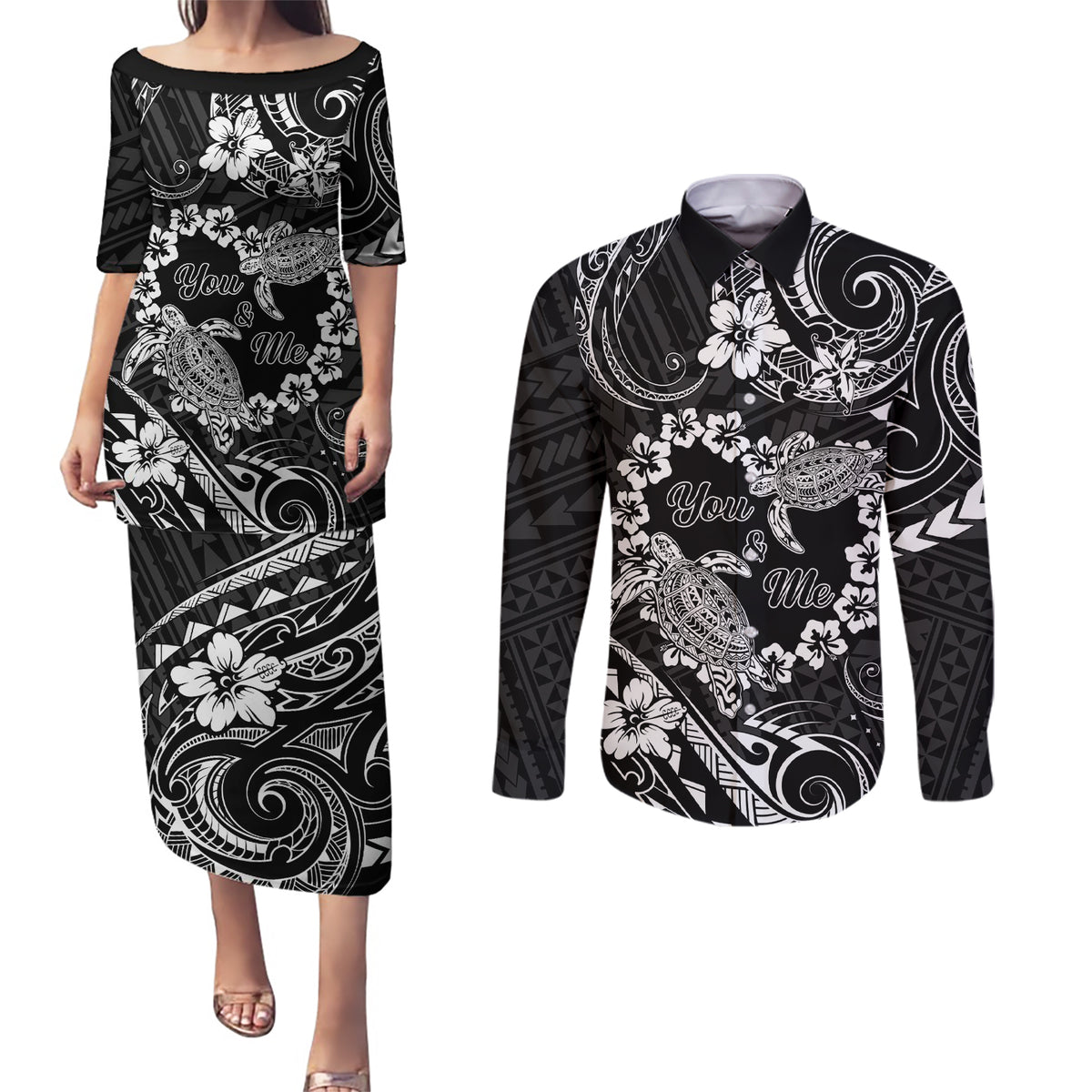 Polynesian Turtle Valentine Couples Matching Puletasi and Long Sleeve Button Shirt You And Me Hibiscus Heart LT01 Black - Polynesian Pride