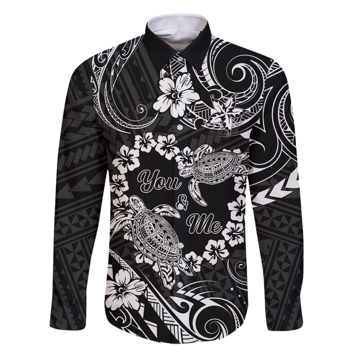 Polynesian Turtle Valentine Family Matching Short Sleeve Bodycon Dress and Hawaiian Shirt You And Me Hibiscus Heart LT01 Dad's Shirt - Long Sleeve Black - Polynesian Pride