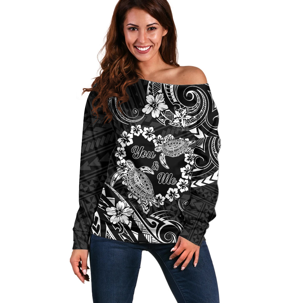 Polynesian Turtle Valentine Off Shoulder Sweater You And Me Hibiscus Heart LT01 Women Black - Polynesian Pride