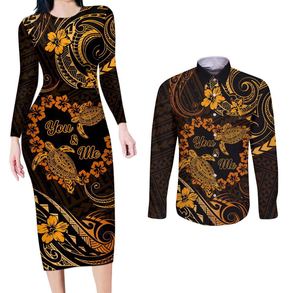 Polynesian Turtle Valentine Couples Matching Long Sleeve Bodycon Dress and Long Sleeve Button Shirt You And Me Gold Hibiscus Heart LT01 Gold - Polynesian Pride