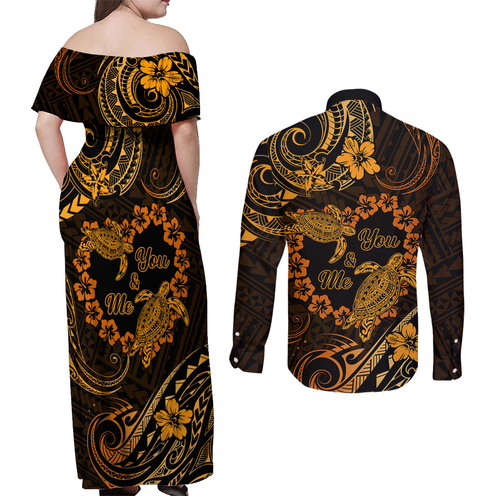 Polynesian Turtle Valentine Couples Matching Off Shoulder Maxi Dress and Long Sleeve Button Shirt You And Me Gold Hibiscus Heart LT01 - Polynesian Pride