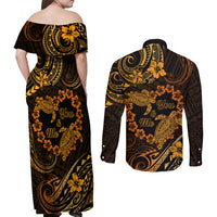 Polynesian Turtle Valentine Couples Matching Off Shoulder Maxi Dress and Long Sleeve Button Shirt You And Me Gold Hibiscus Heart LT01 - Polynesian Pride