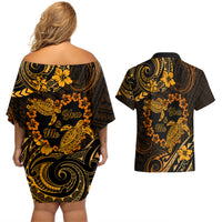 Polynesian Turtle Valentine Couples Matching Off Shoulder Short Dress and Hawaiian Shirt You And Me Gold Hibiscus Heart LT01 - Polynesian Pride