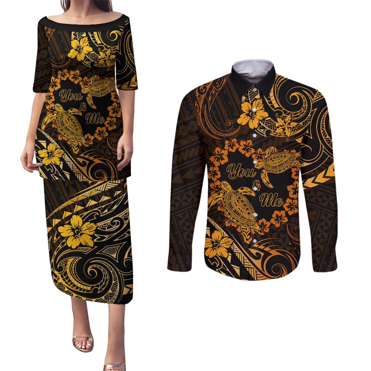 Polynesian Turtle Valentine Couples Matching Puletasi and Long Sleeve Button Shirt You And Me Gold Hibiscus Heart LT01 Gold - Polynesian Pride
