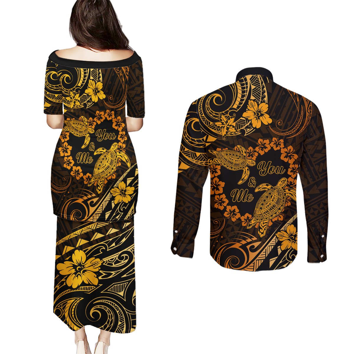 Polynesian Turtle Valentine Couples Matching Puletasi and Long Sleeve Button Shirt You And Me Gold Hibiscus Heart LT01 - Polynesian Pride