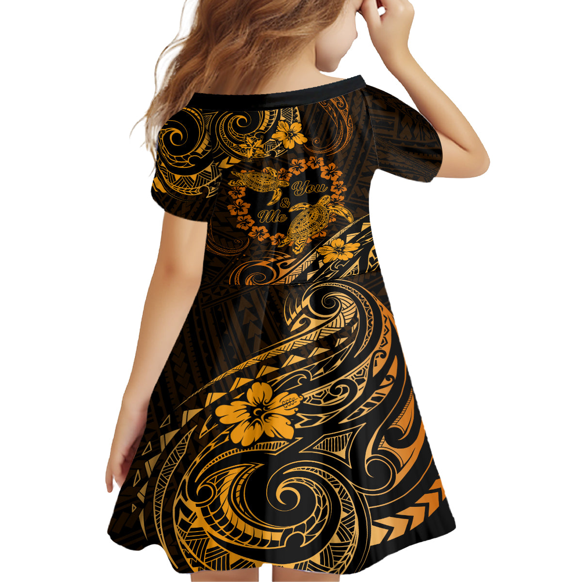 Polynesian Turtle Valentine Family Matching Long Sleeve Bodycon Dress and Hawaiian Shirt You And Me Gold Hibiscus Heart LT01 - Polynesian Pride
