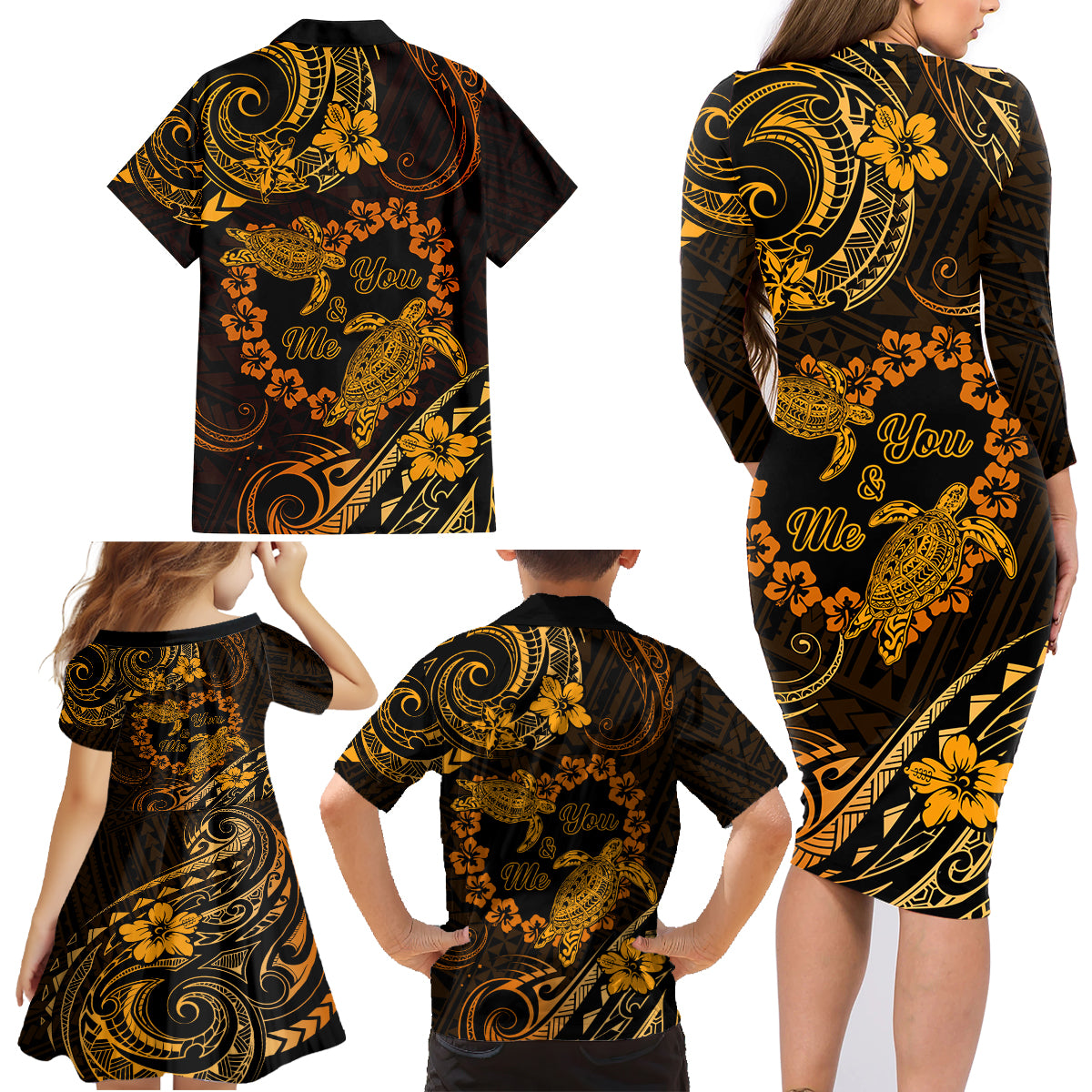 Polynesian Turtle Valentine Family Matching Long Sleeve Bodycon Dress and Hawaiian Shirt You And Me Gold Hibiscus Heart LT01 - Polynesian Pride