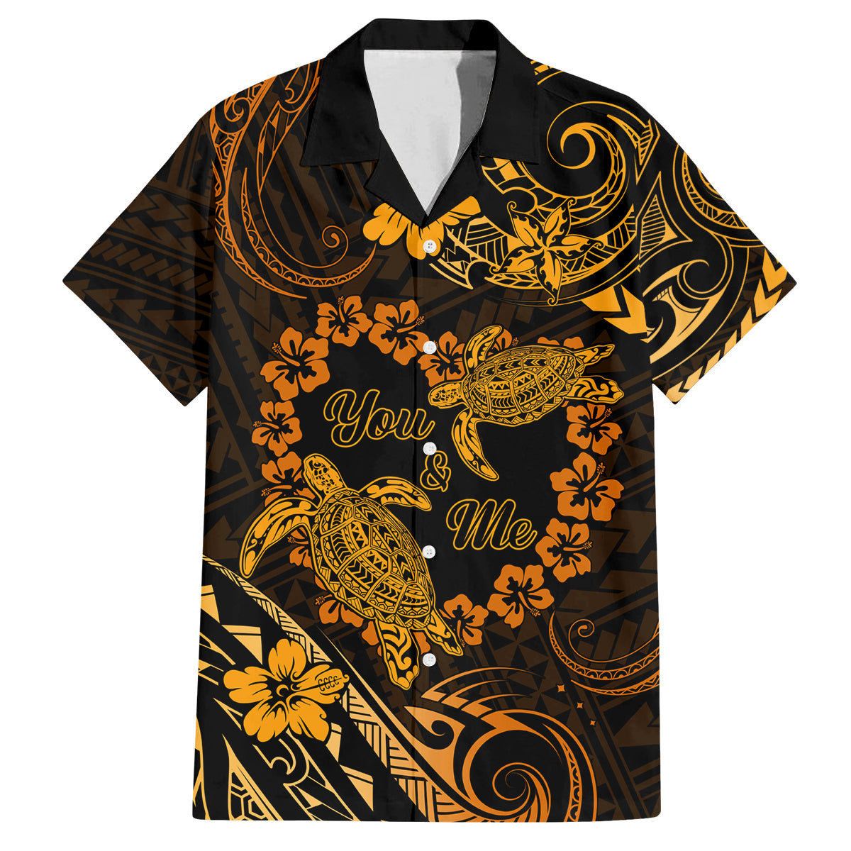 Polynesian Turtle Valentine Family Matching Puletasi and Hawaiian Shirt You And Me Gold Hibiscus Heart LT01 Dad's Shirt - Short Sleeve Gold - Polynesian Pride