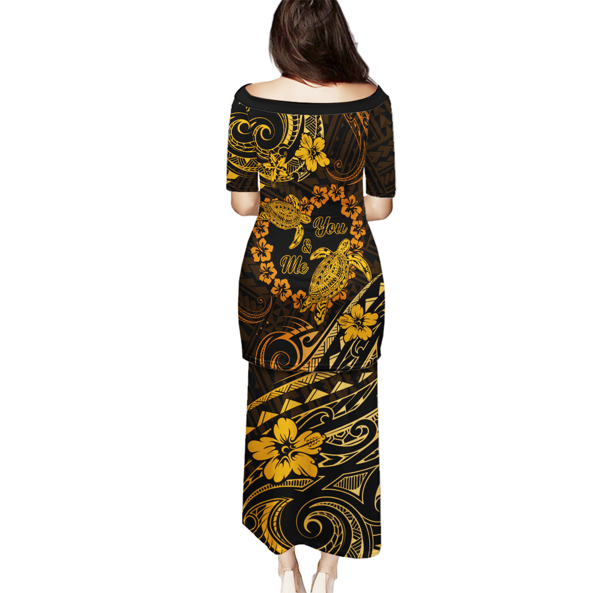 Polynesian Turtle Valentine Family Matching Puletasi and Hawaiian Shirt You And Me Gold Hibiscus Heart LT01 - Polynesian Pride