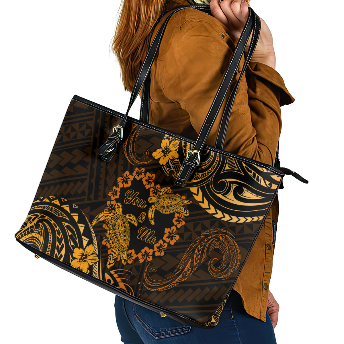 Polynesian Turtle Valentine Leather Tote Bag You And Me Gold Hibiscus Heart LT01 - Polynesian Pride