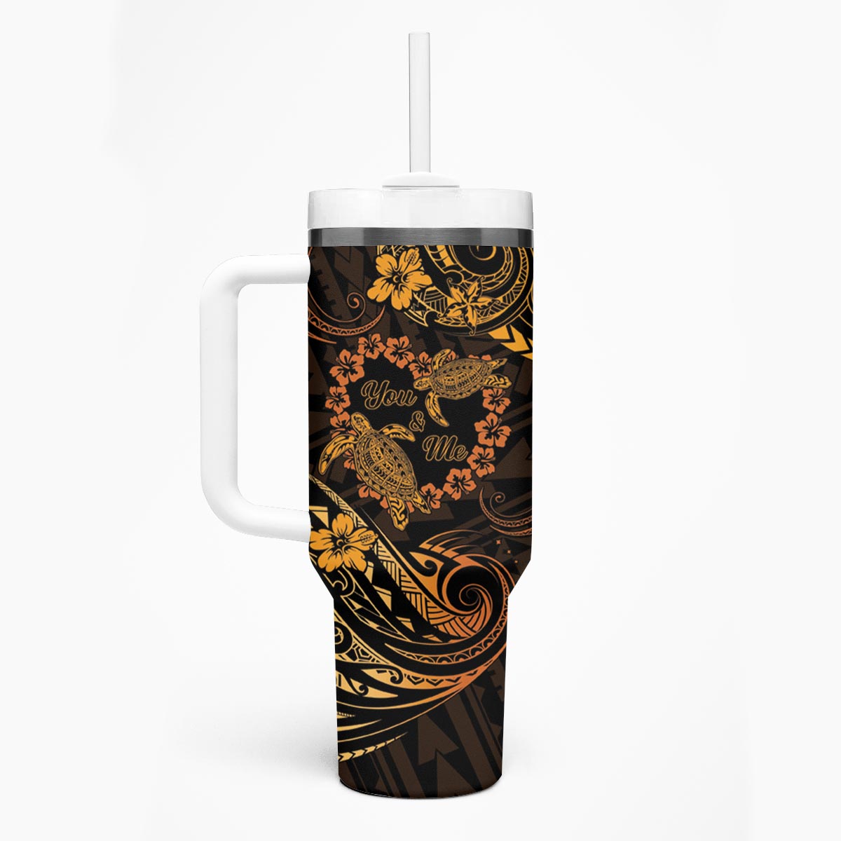 Polynesian Turtle Valentine Tumbler With Handle You And Me Gold Hibiscus Heart
