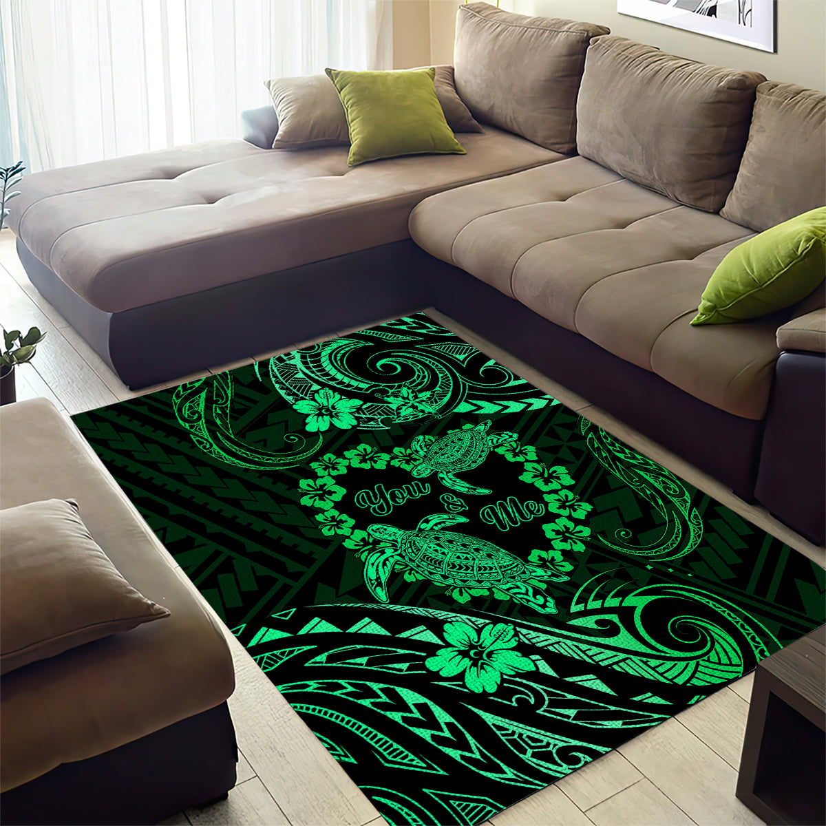 Polynesian Turtle Valentine Area Rug You And Me Green Hibiscus Heart LT01 - Polynesian Pride