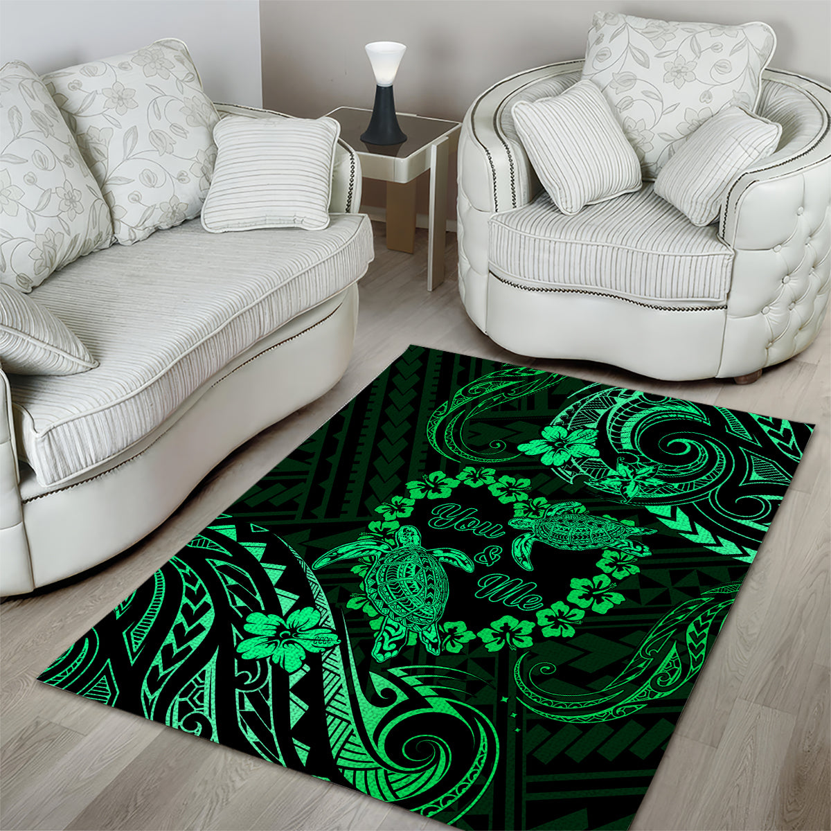 Polynesian Turtle Valentine Area Rug You And Me Green Hibiscus Heart LT01 - Polynesian Pride