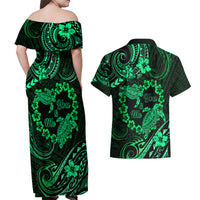 Polynesian Turtle Valentine Couples Matching Off Shoulder Maxi Dress and Hawaiian Shirt You And Me Green Hibiscus Heart LT01 - Polynesian Pride