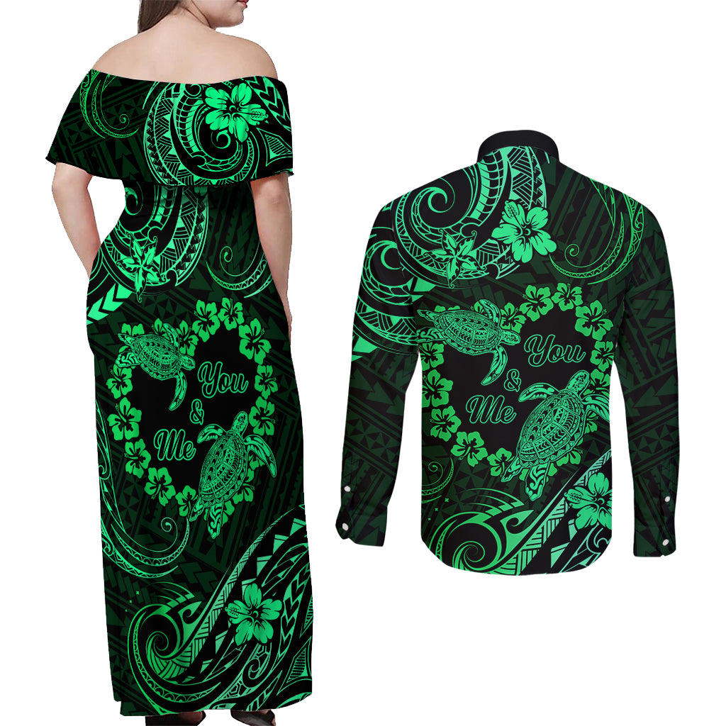 Polynesian Turtle Valentine Couples Matching Off Shoulder Maxi Dress and Long Sleeve Button Shirt You And Me Green Hibiscus Heart LT01 - Polynesian Pride